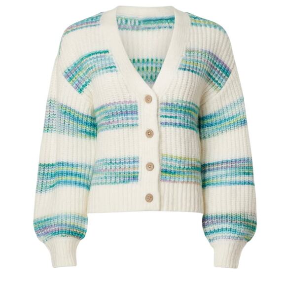 Slate & Willow White Teal Striped Oversized Cardigan Sweater SMALL Cropped $125 - Picture 3 of 10